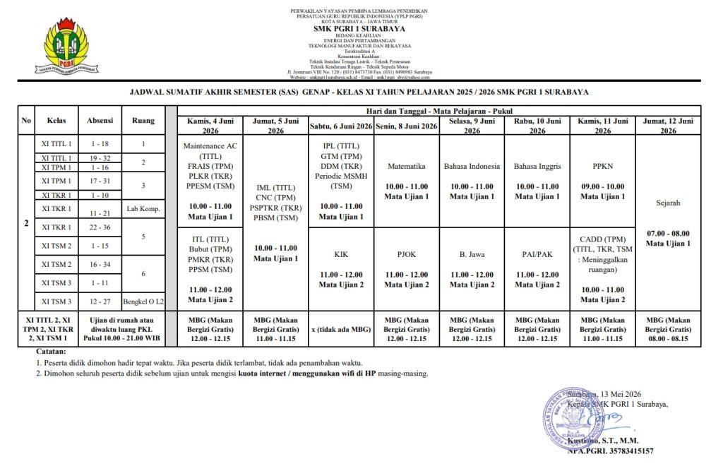 Jadwal SAS Genap XI 2026
